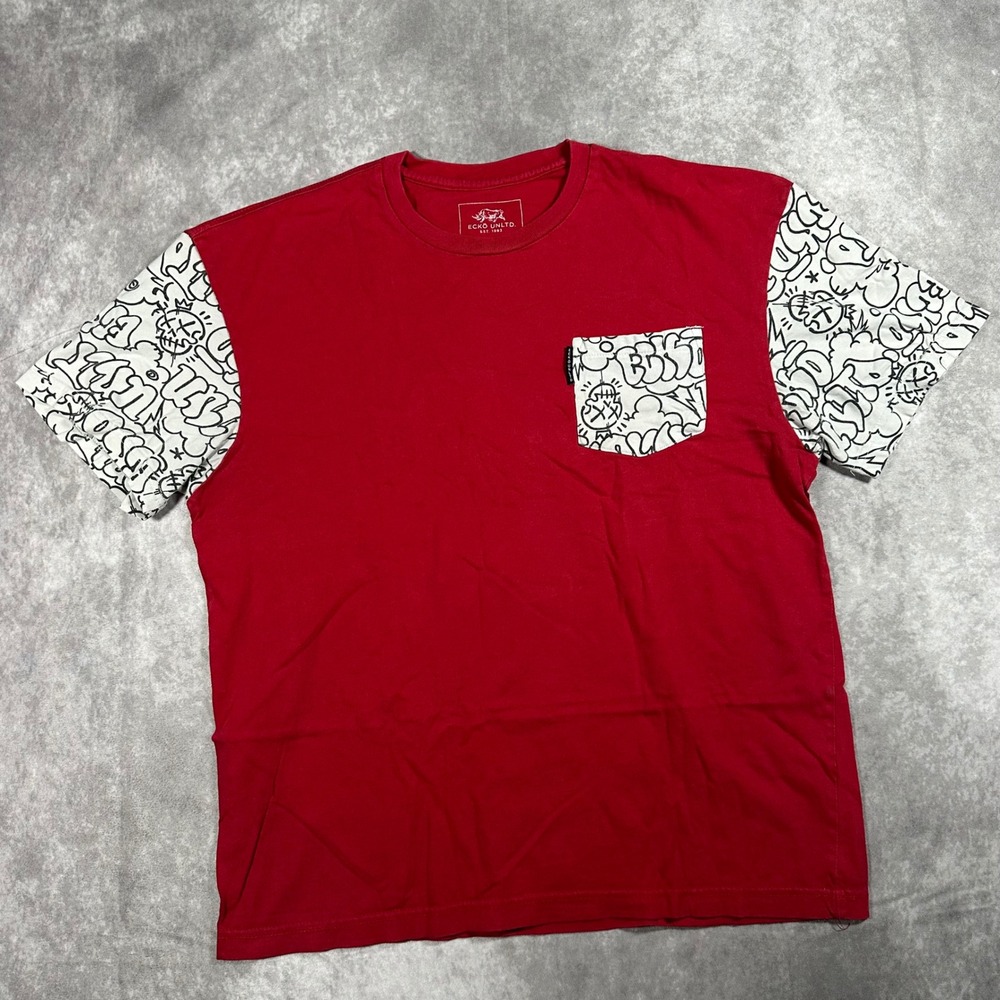 Ecko Unltd Mens Red Graffiti Print Pocket T-Shirt XL Streetwear Short Sleeve Y2K